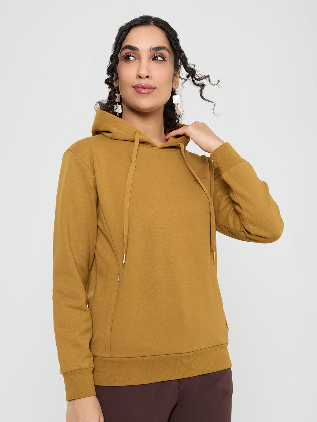 Women Mustard Solid Hooded Full Sleeve Sweatshirt