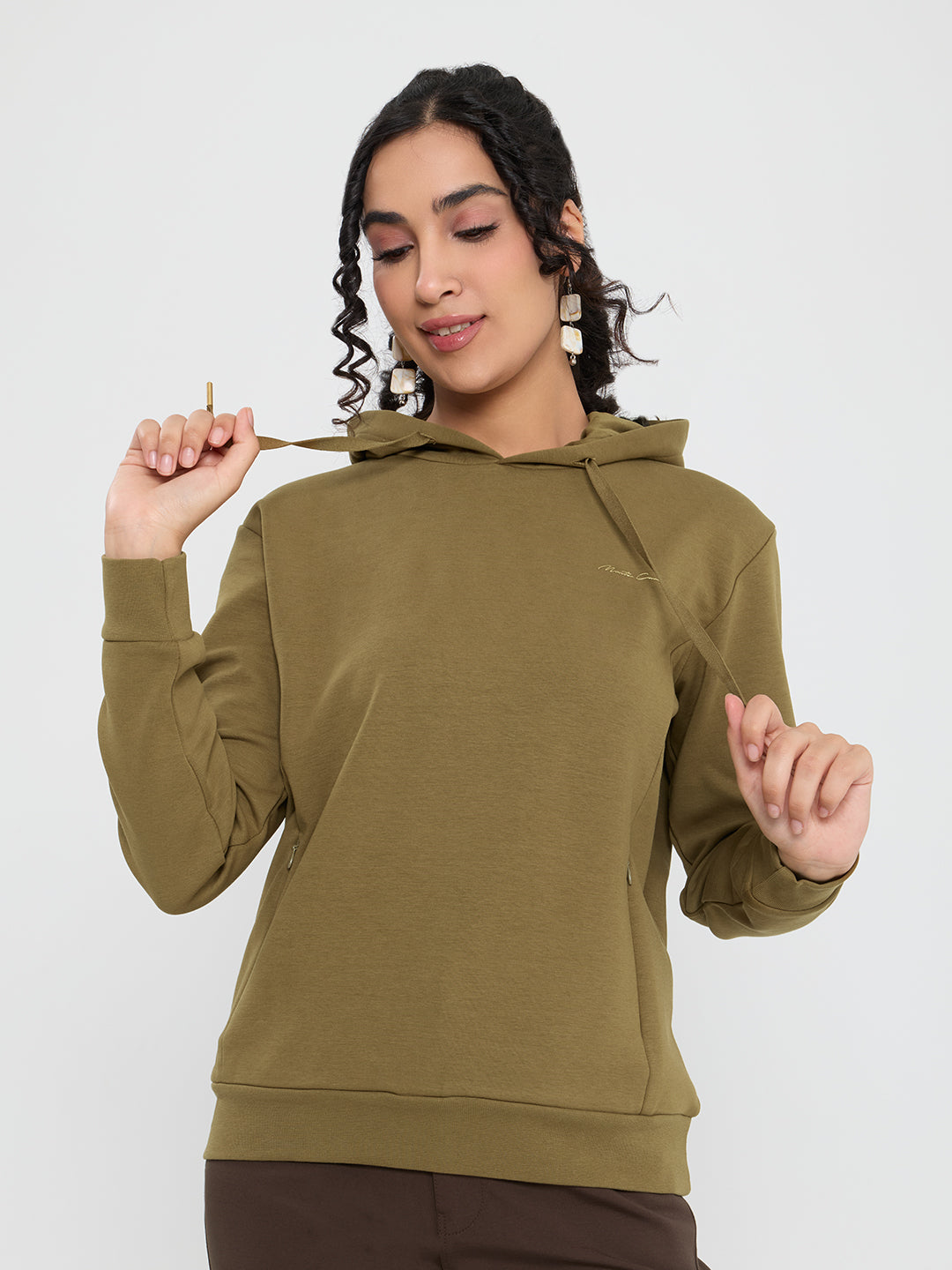 Women Olive Solid Hooded Full Sleeve Sweatshirt