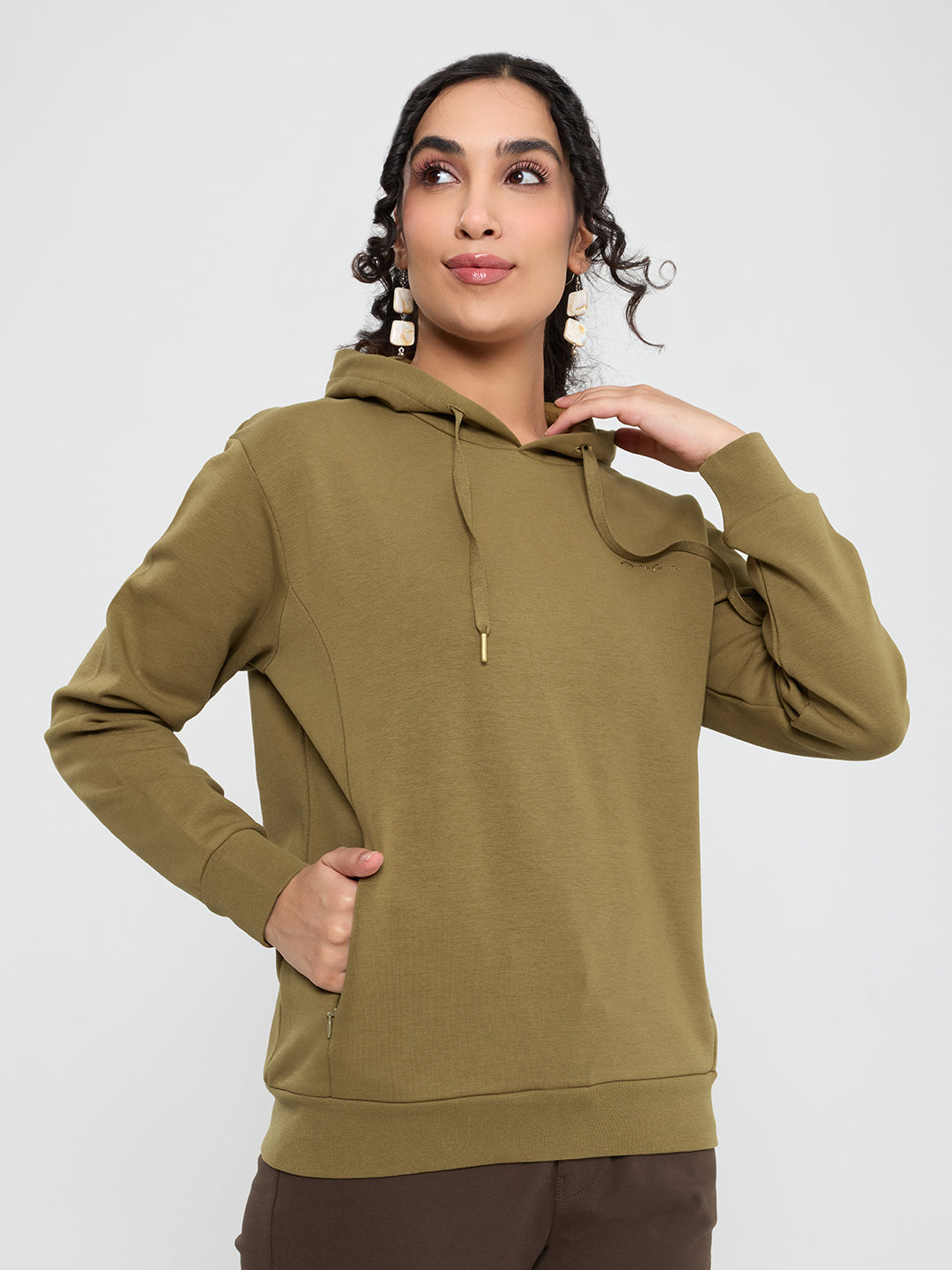 Women Olive Solid Hooded Full Sleeve Sweatshirt