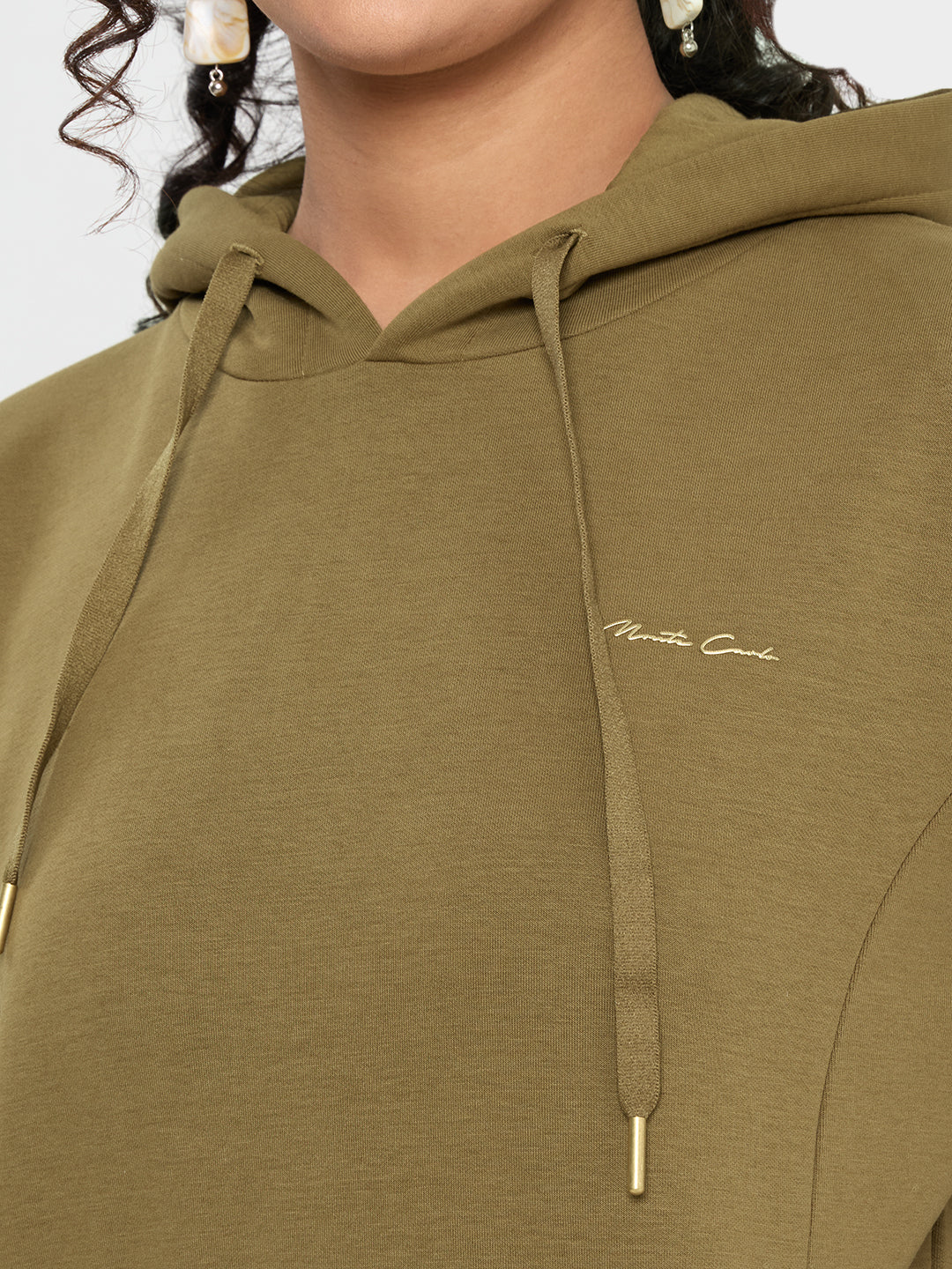 Women Olive Solid Hooded Full Sleeve Sweatshirt