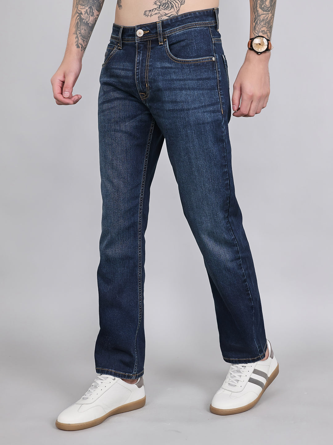 Men Dark Blue Light Wash Straight Fit Denim