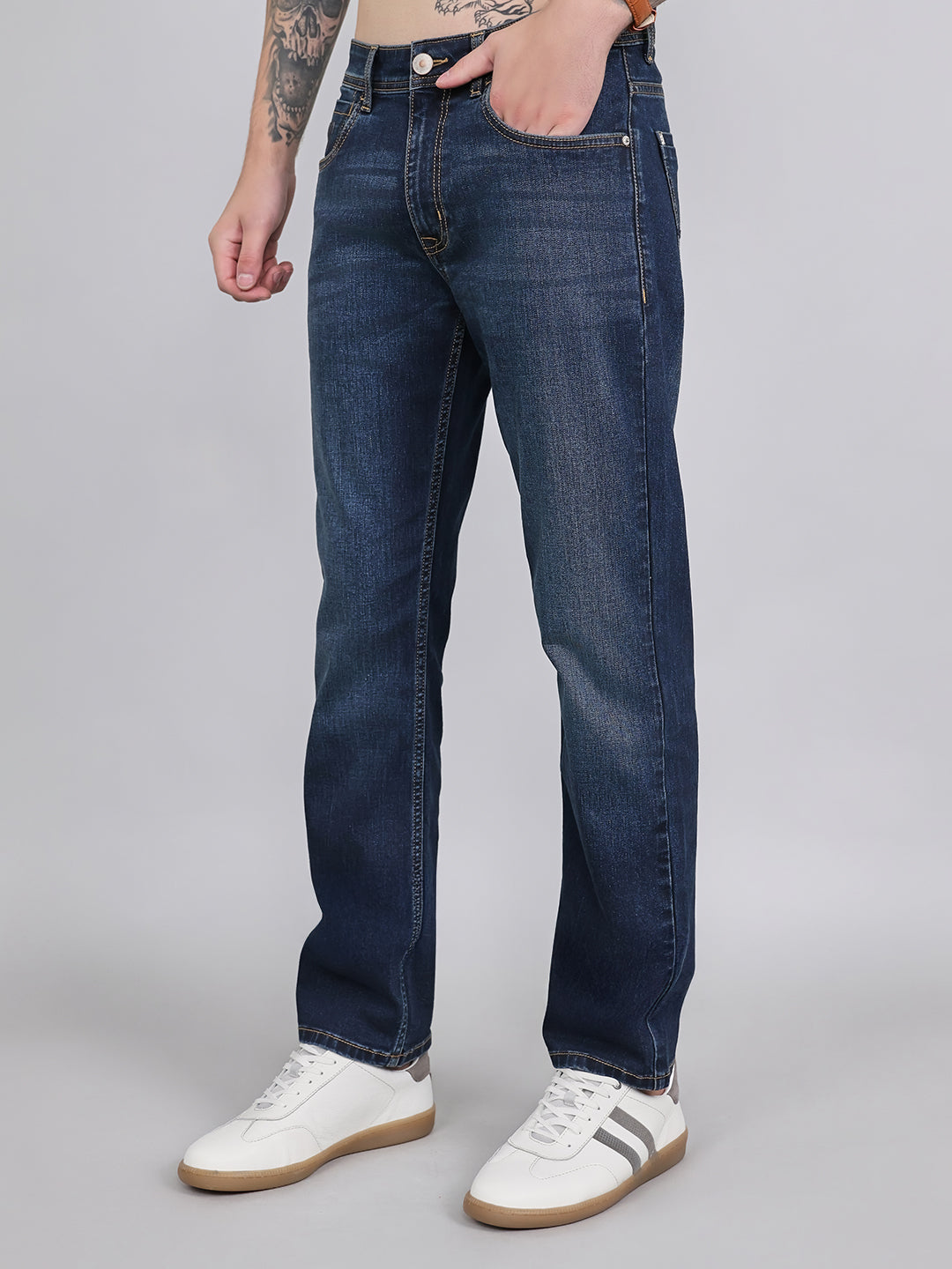 Men Dark Blue Light Wash Straight Fit Denim