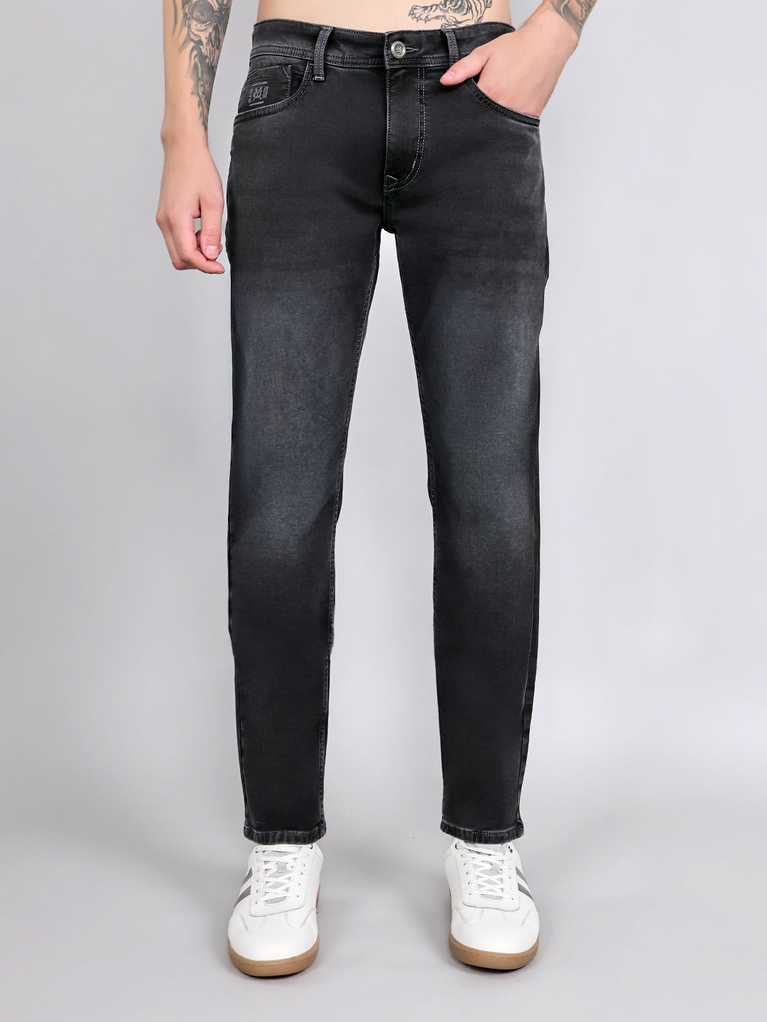 Men Grey Light Wash Straight Fit Denim