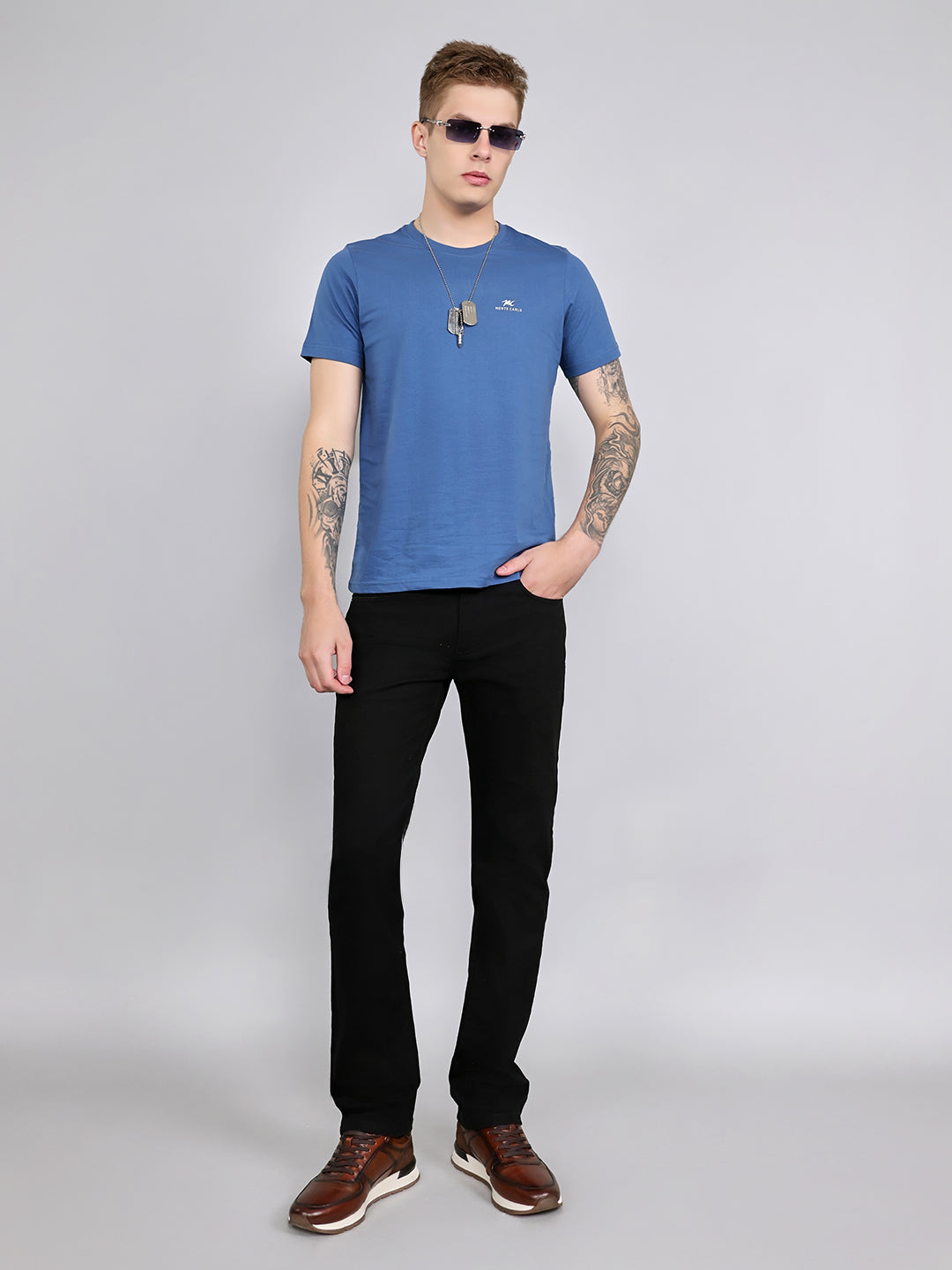 Men Black Light Wash Straight Fit Denim