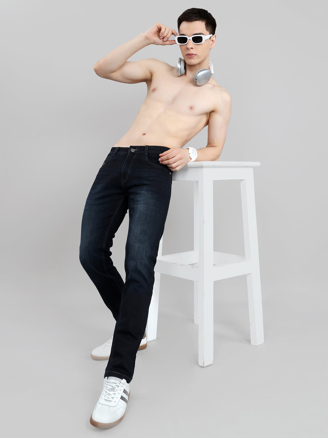 Men Dark Blue Light Wash Narrow Fit Denim