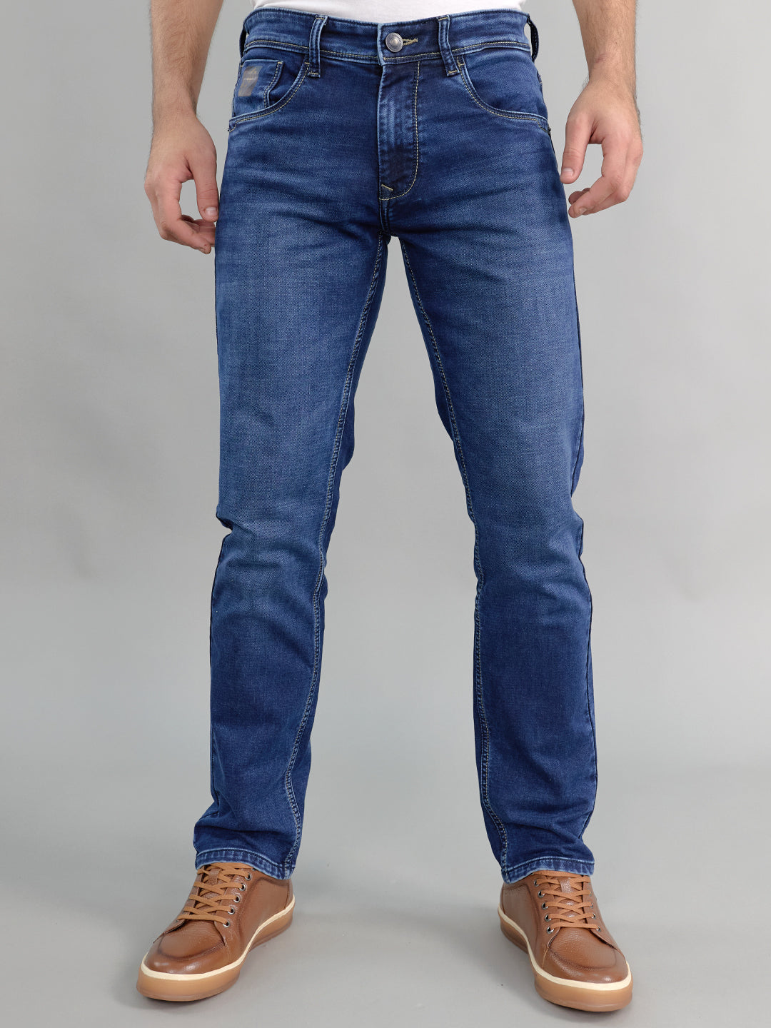 Men Dark Blue Light Wash Narrow Fit Denim