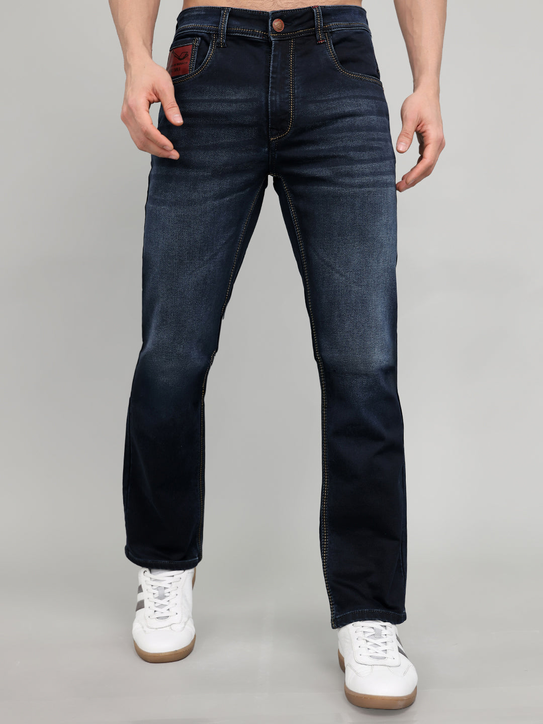 Men Dark Blue Solid Straight Fit Denim