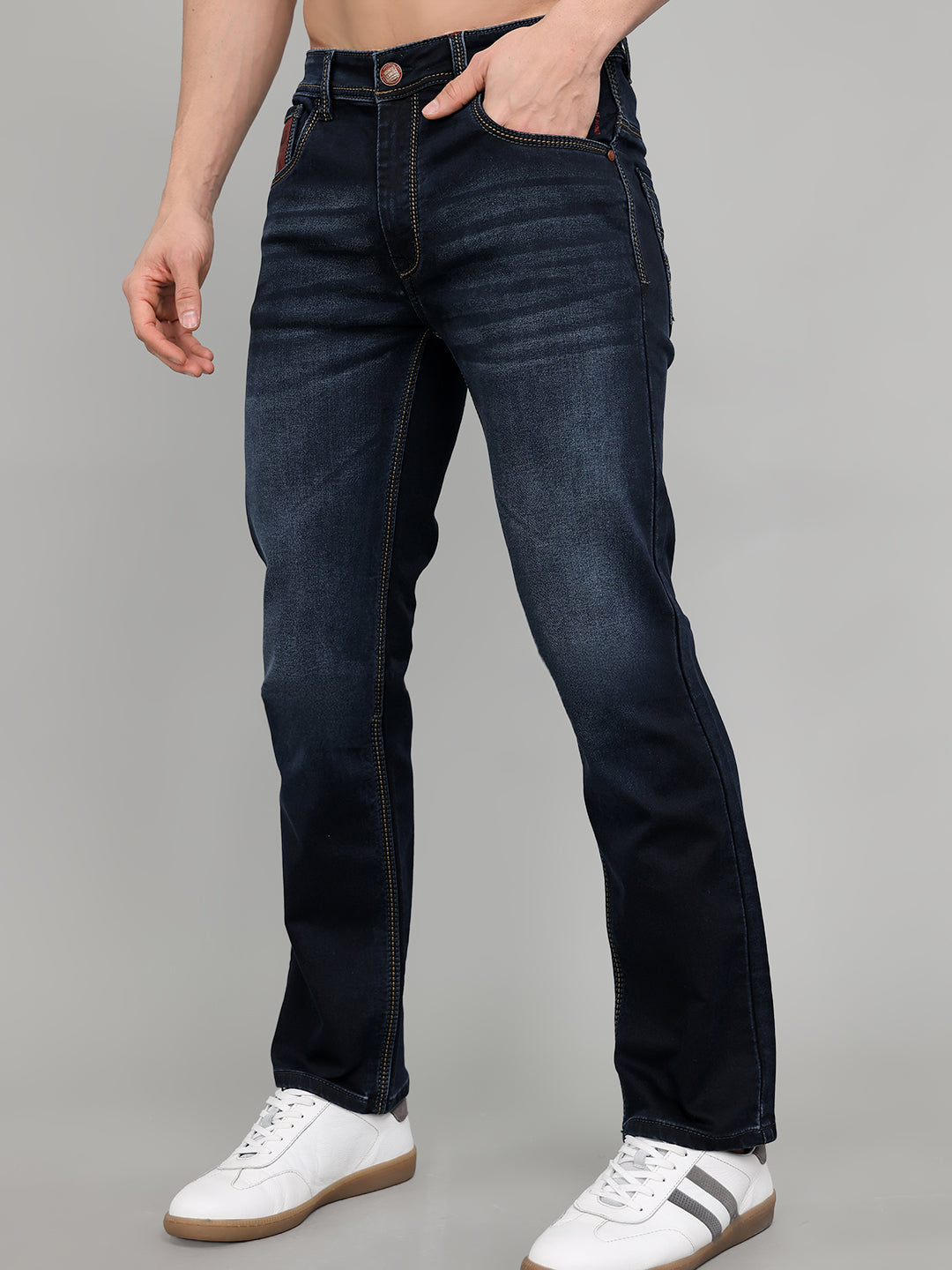 Men Dark Blue Solid Straight Fit Denim