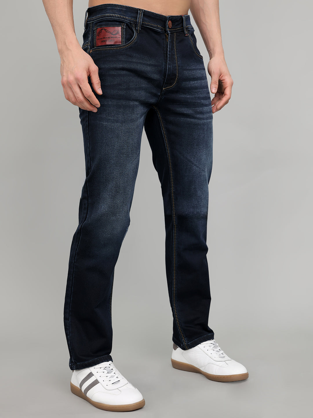 Men Dark Blue Solid Straight Fit Denim