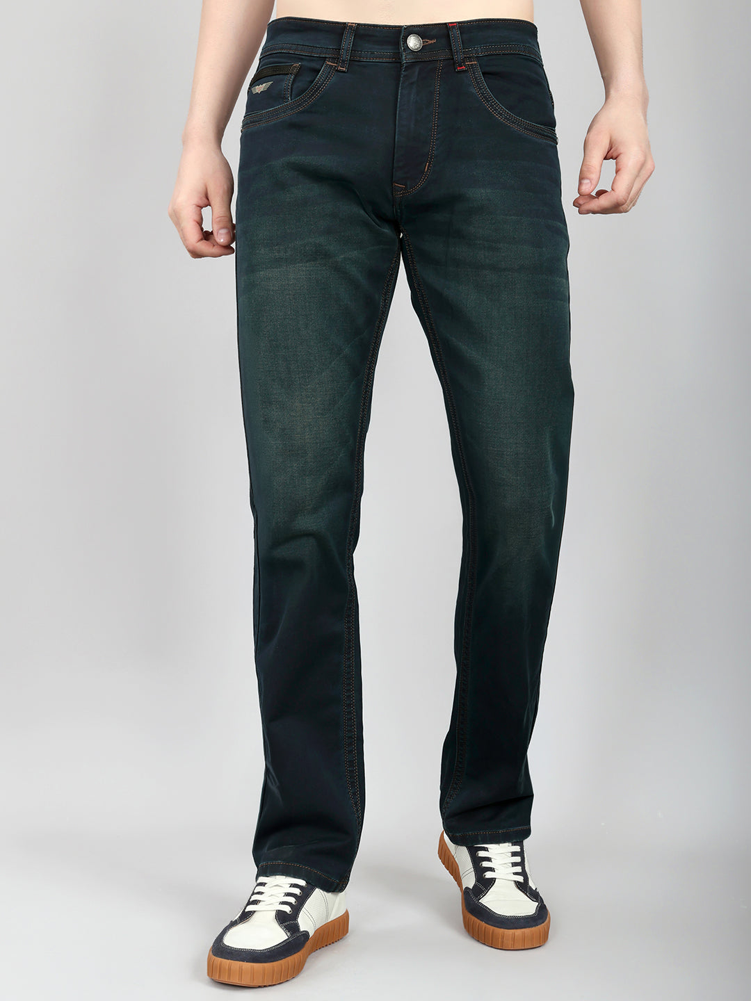 Men Green Light Wash Straight Fit Denim
