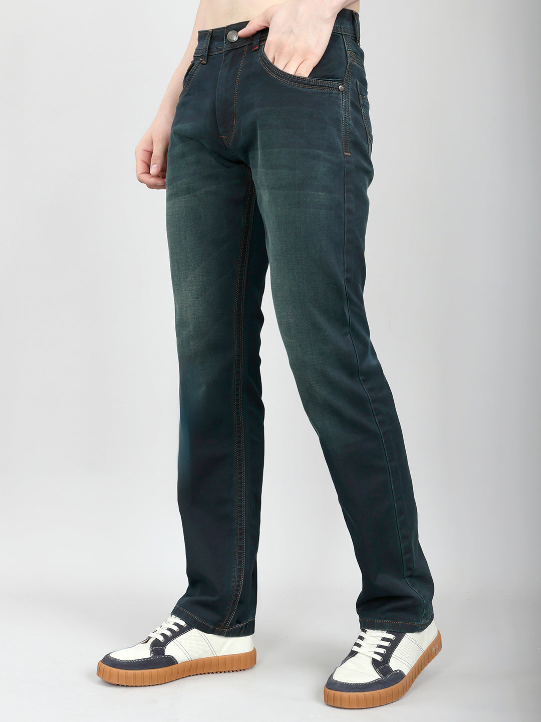 Men Green Light Wash Straight Fit Denim