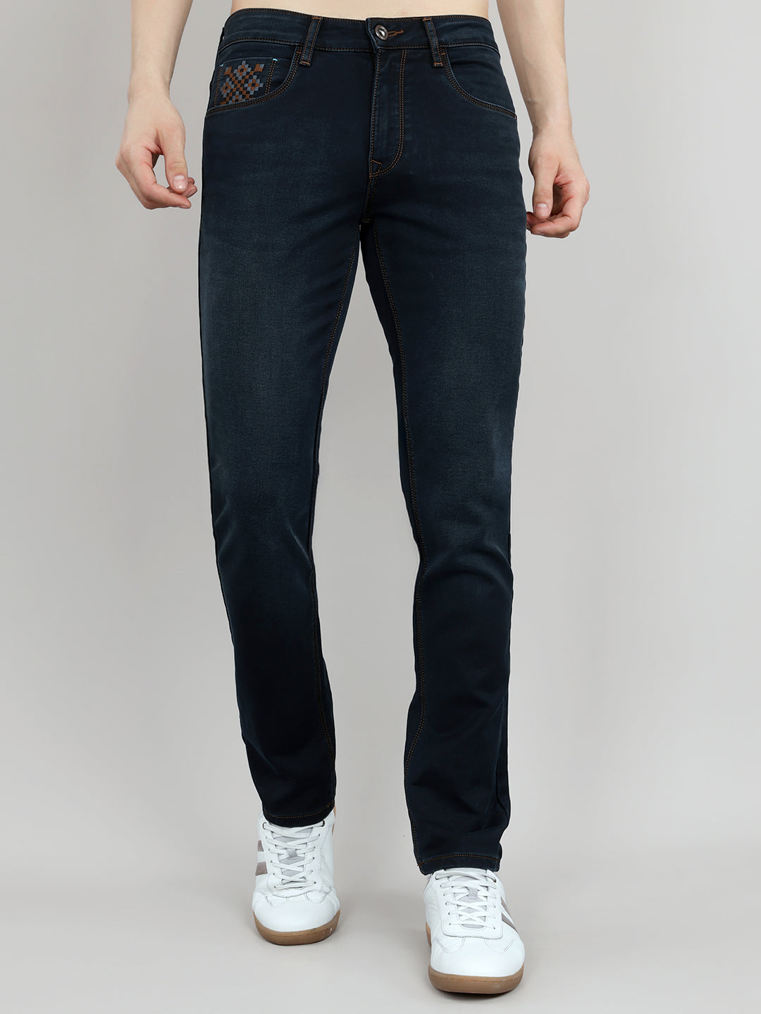 Men Dark Blue Light Wash Narrow Fit Denim