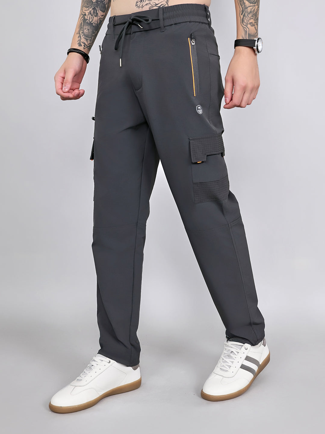 Men Grey Solid Regular Fit Cargo