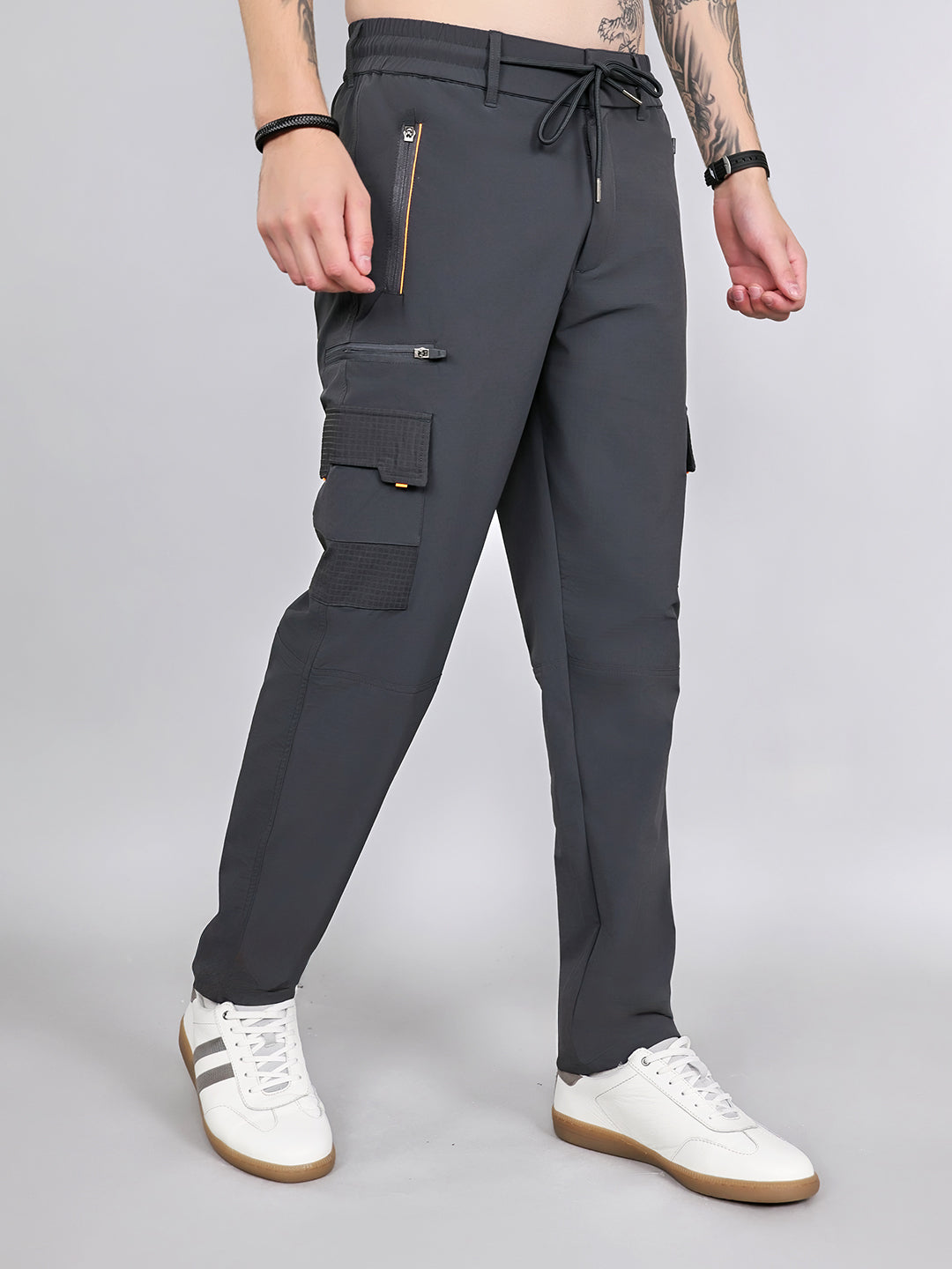 Men Grey Solid Regular Fit Cargo