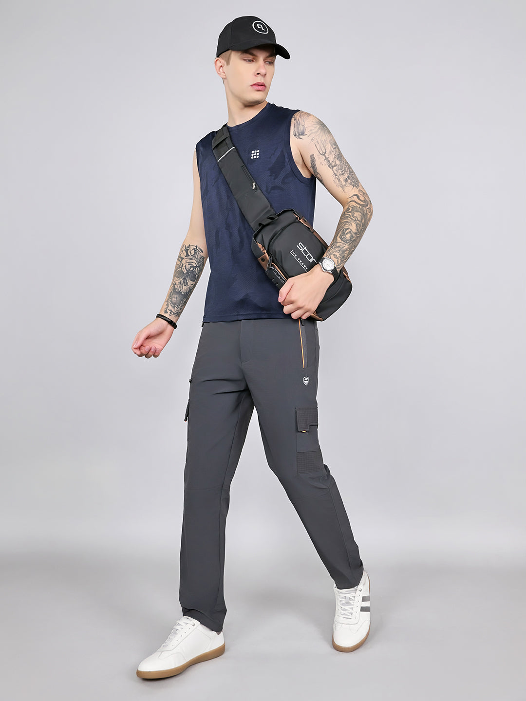 Men Grey Solid Regular Fit Cargo