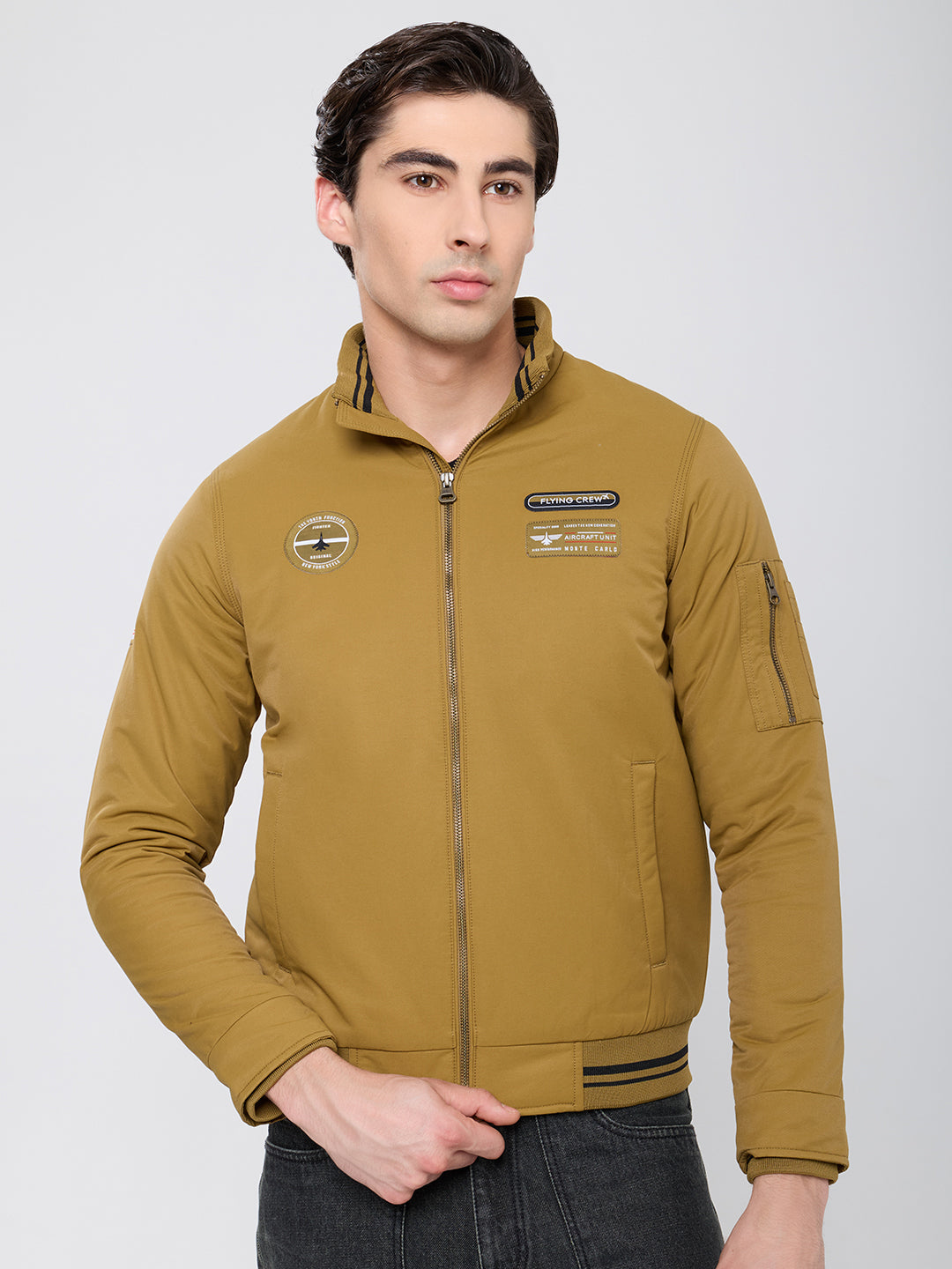 Men Olive Solid Mock Neck Full Sleeve Bomber Jacket