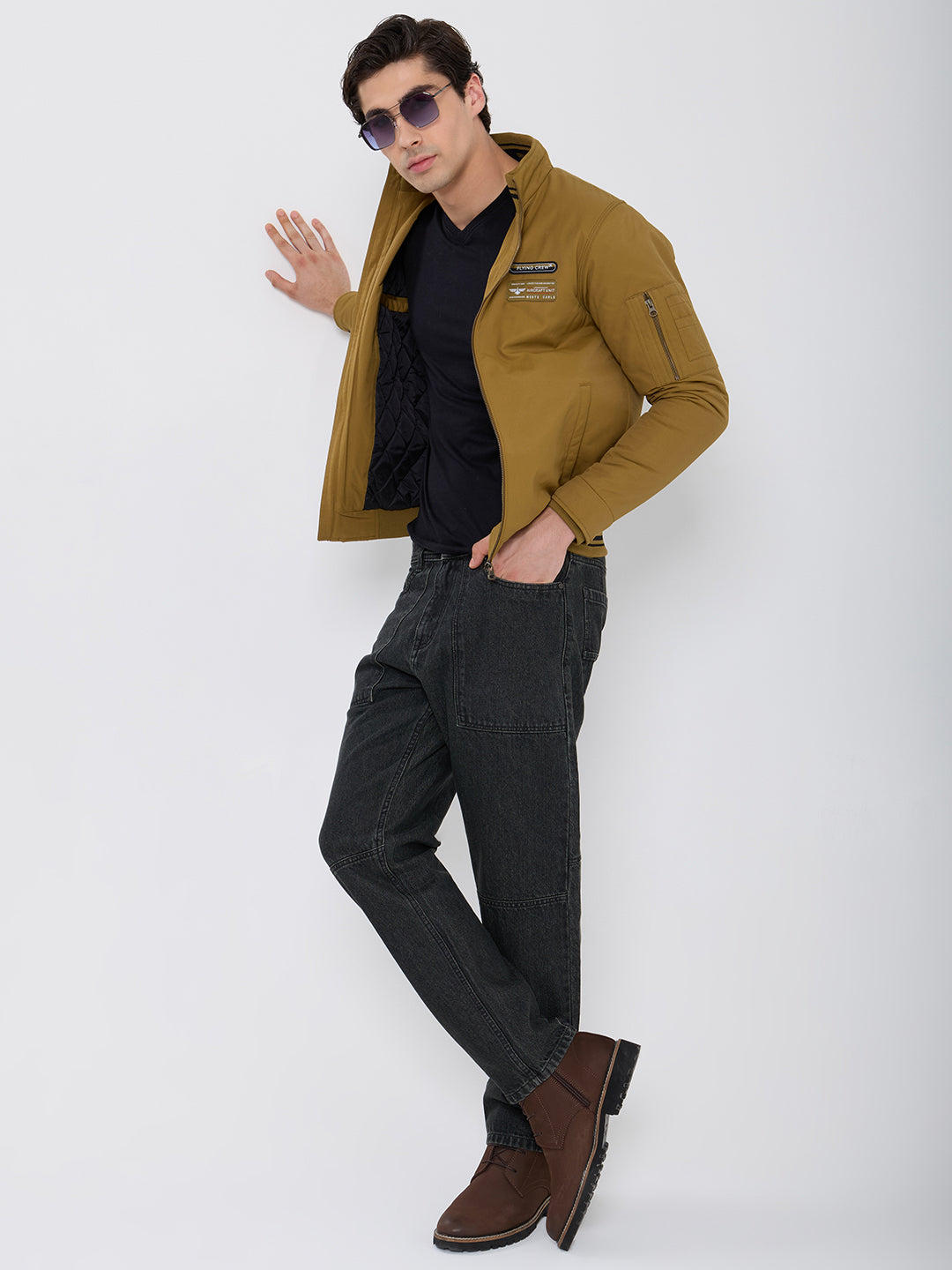 Men Olive Solid Mock Neck Full Sleeve Bomber Jacket