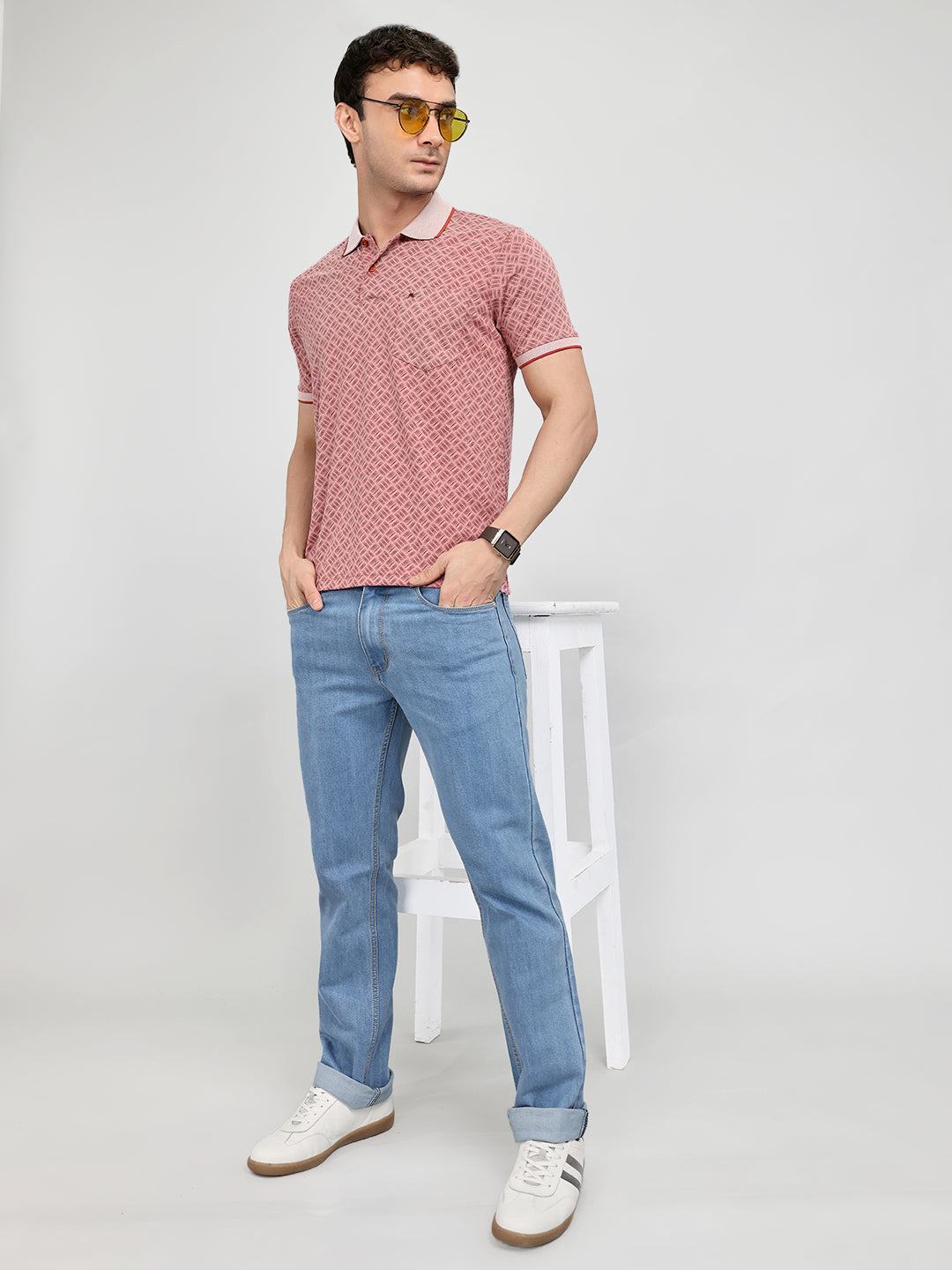 Men Rust Printed Collar Half Sleeve T-Shirt