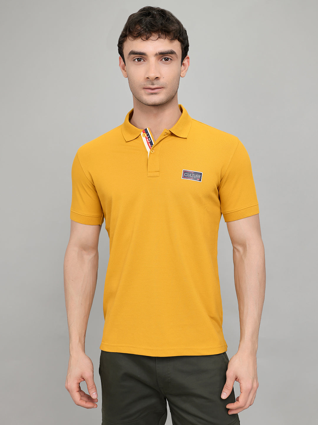 Men Mustard Solid Collar Half Sleeve T-Shirt
