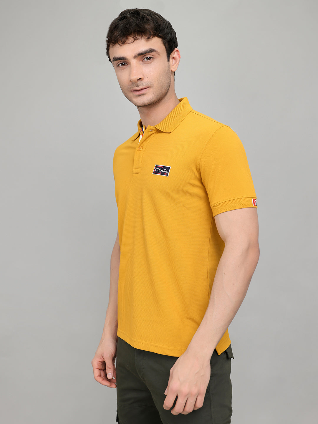Men Mustard Solid Collar Half Sleeve T-Shirt