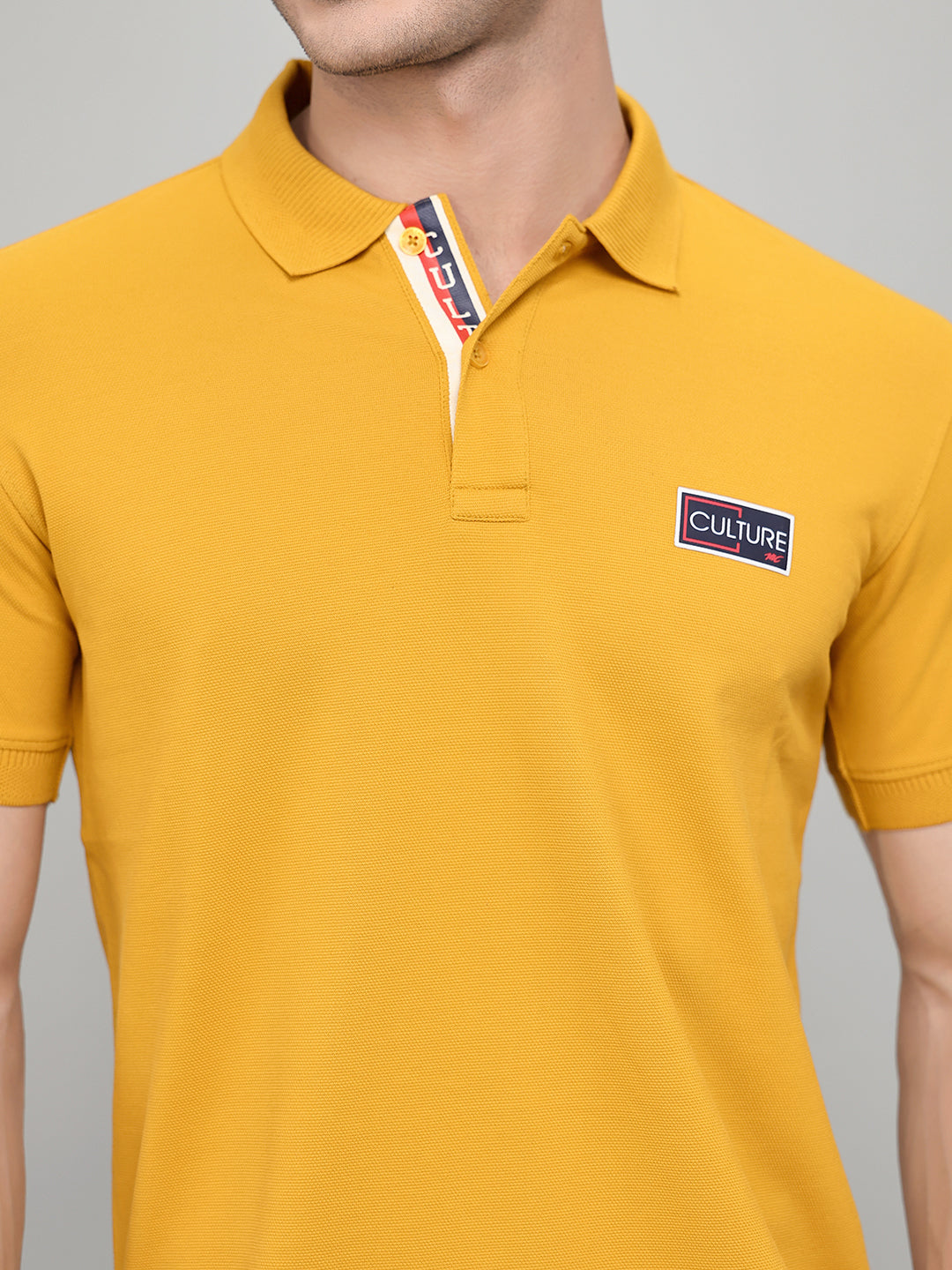 Men Mustard Solid Collar Half Sleeve T-Shirt