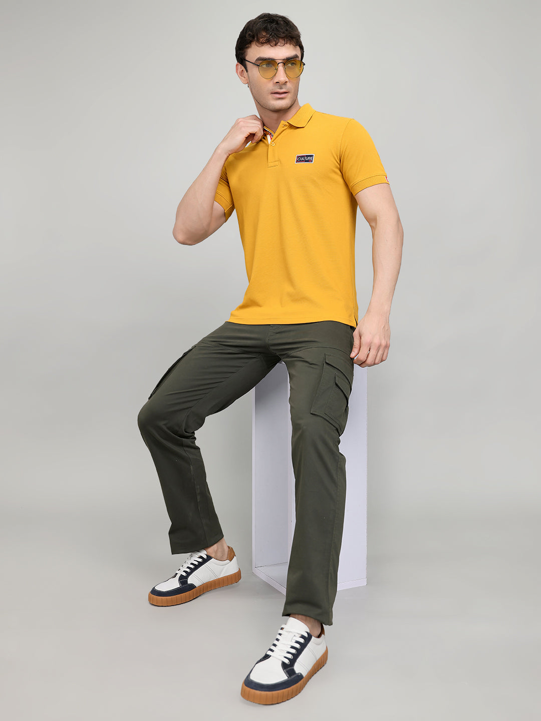 Men Mustard Solid Collar Half Sleeve T-Shirt