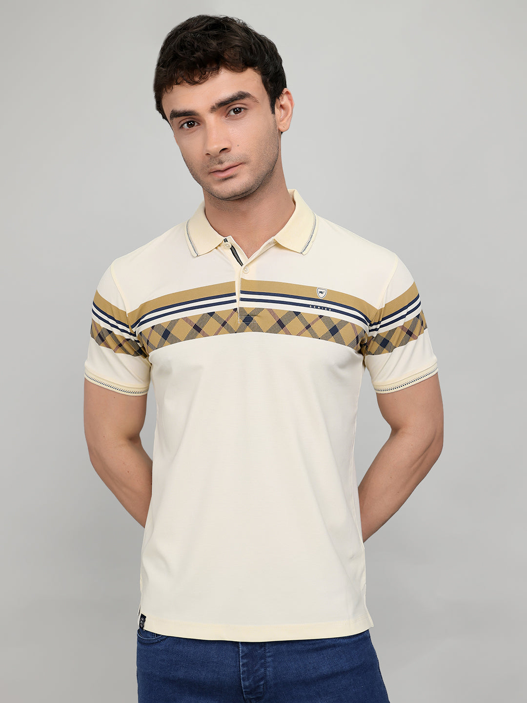 Men Beige Printed Collar Half Sleeve T-Shirt