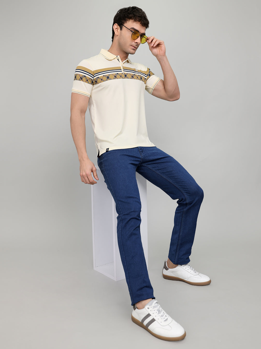 Men Beige Printed Collar Half Sleeve T-Shirt