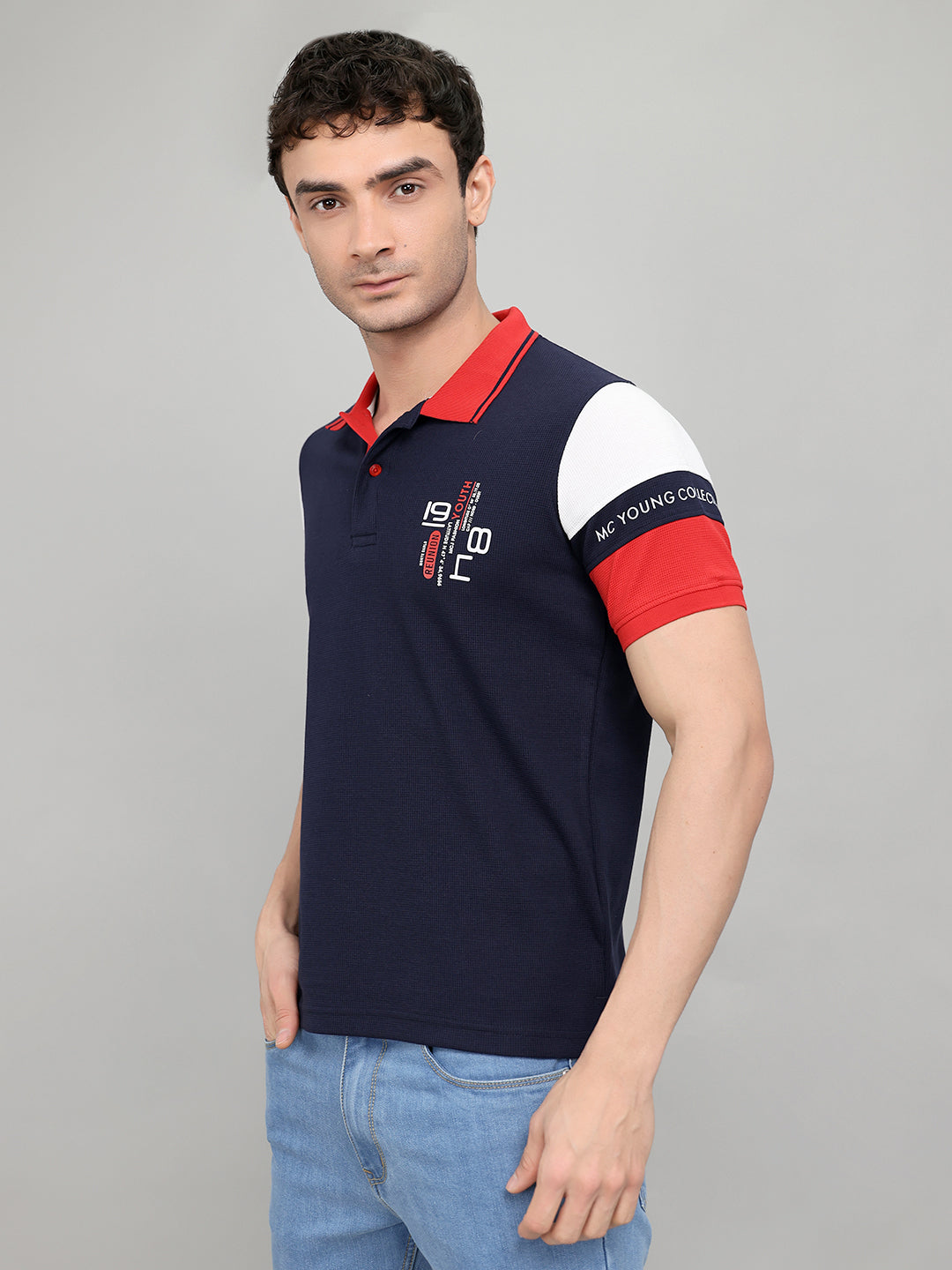 Men Navy Blue Printed Collar Half Sleeve T-Shirt