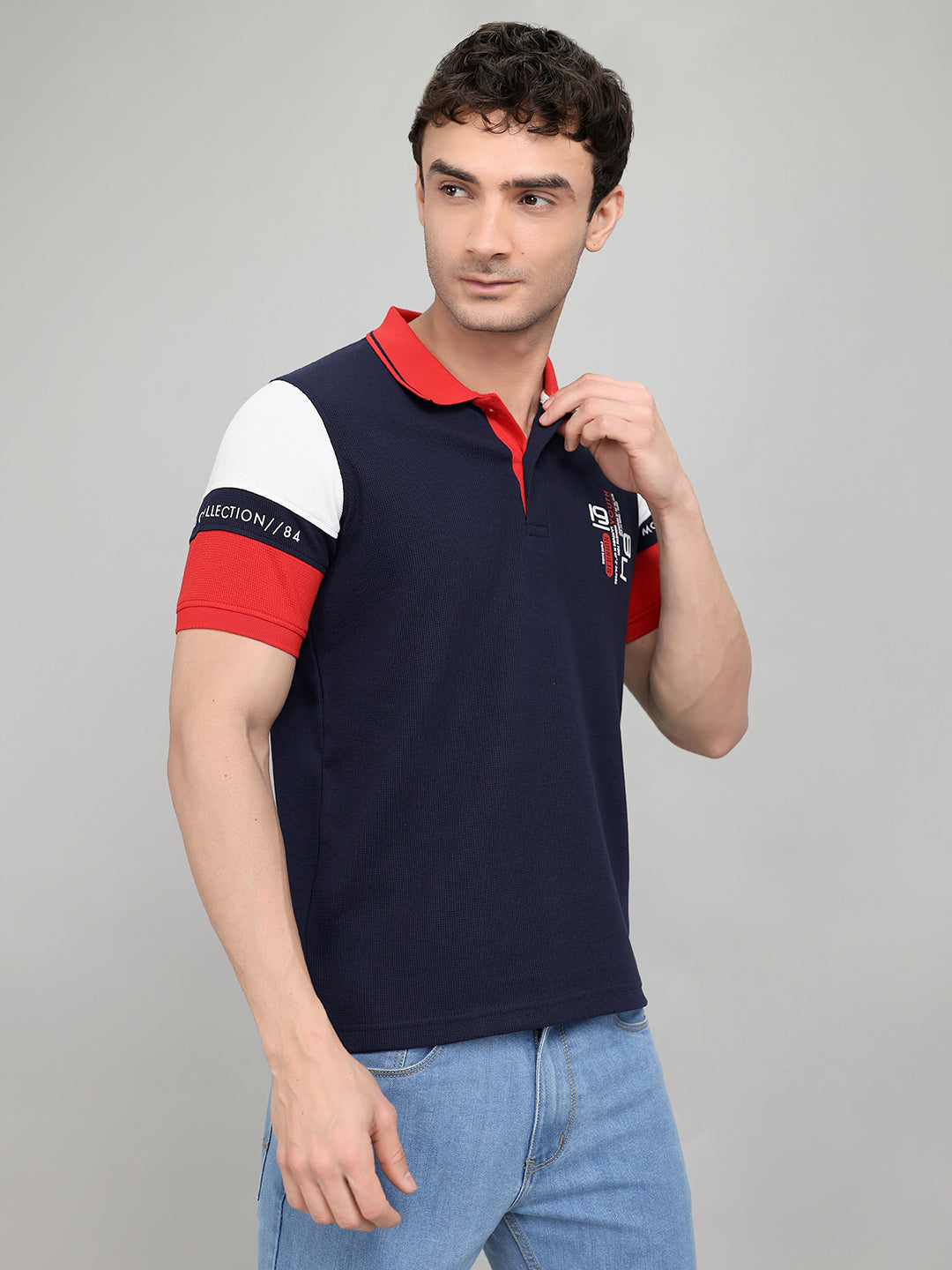Men Navy Blue Printed Collar Half Sleeve T-Shirt