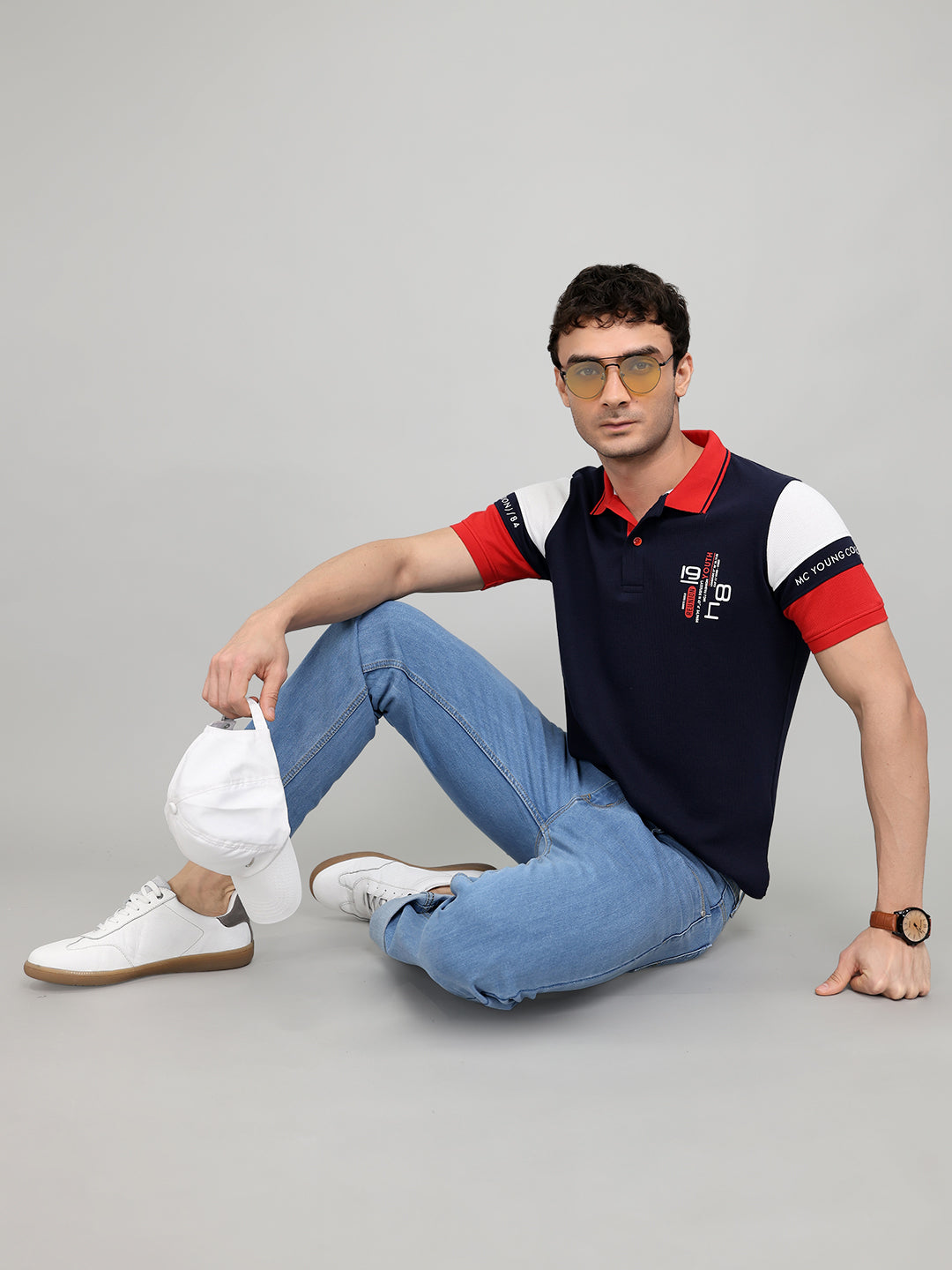 Men Navy Blue Printed Collar Half Sleeve T-Shirt
