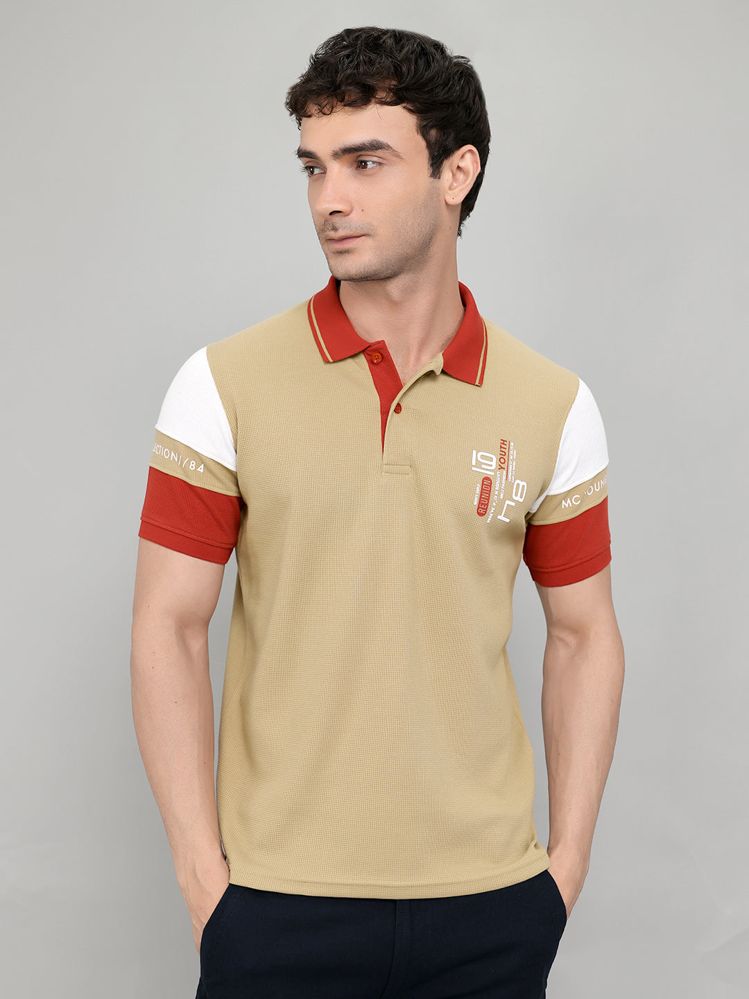 Men Beige Printed Collar Half Sleeve T-Shirt