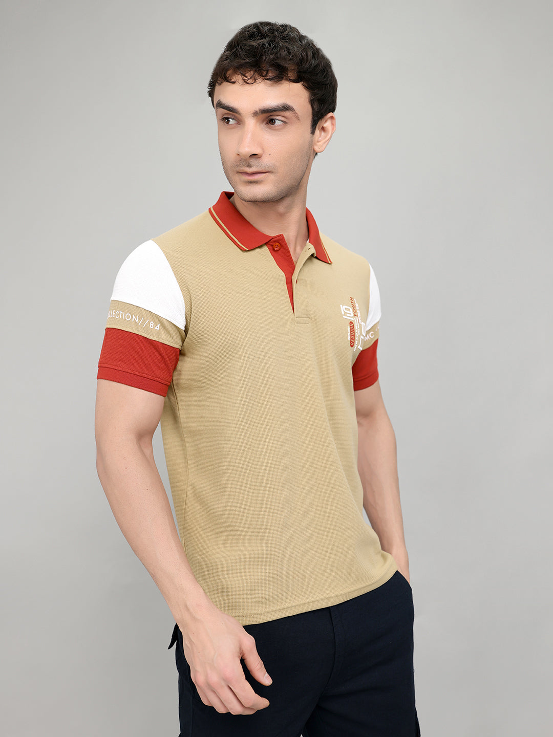 Men Beige Printed Collar Half Sleeve T-Shirt