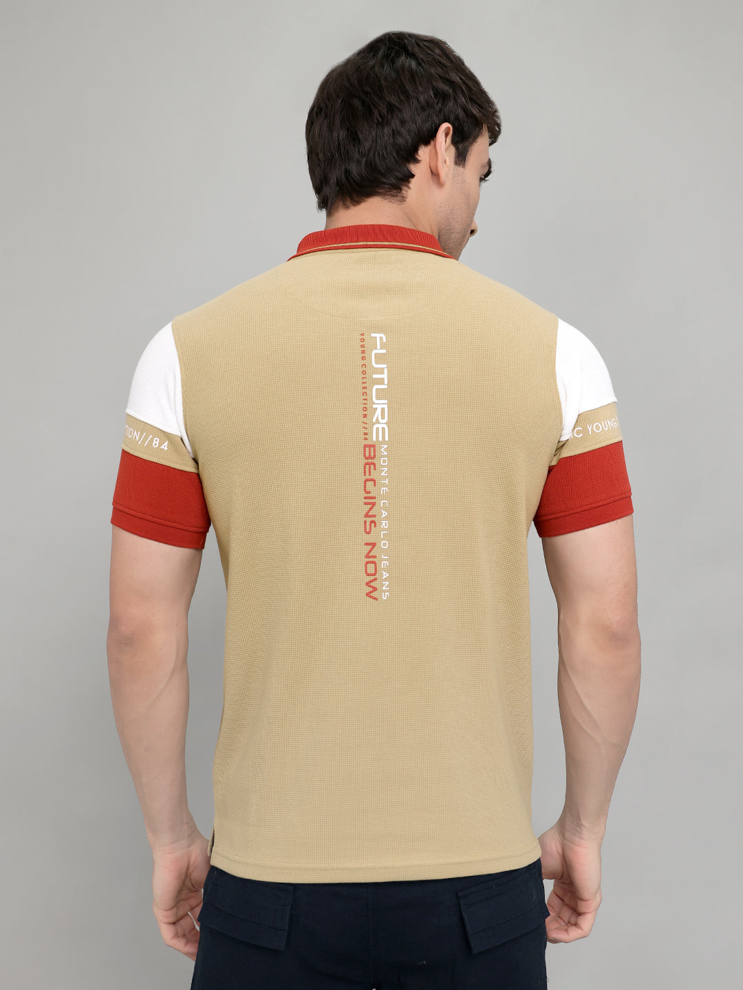 Men Beige Printed Collar Half Sleeve T-Shirt