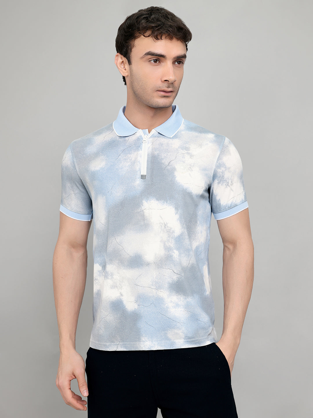 Men Sky Blue Printed Collar Half Sleeve T-Shirt