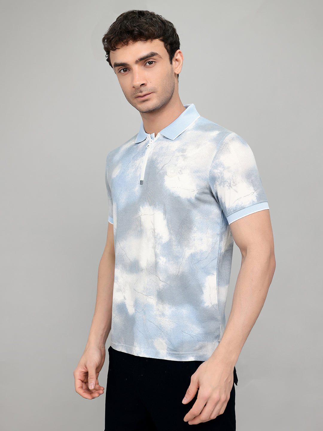 Men Sky Blue Printed Collar Half Sleeve T-Shirt