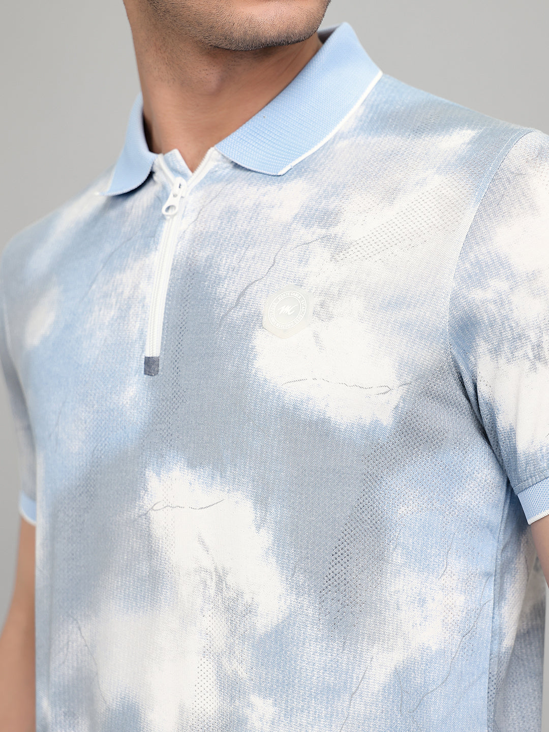 Men Sky Blue Printed Collar Half Sleeve T-Shirt