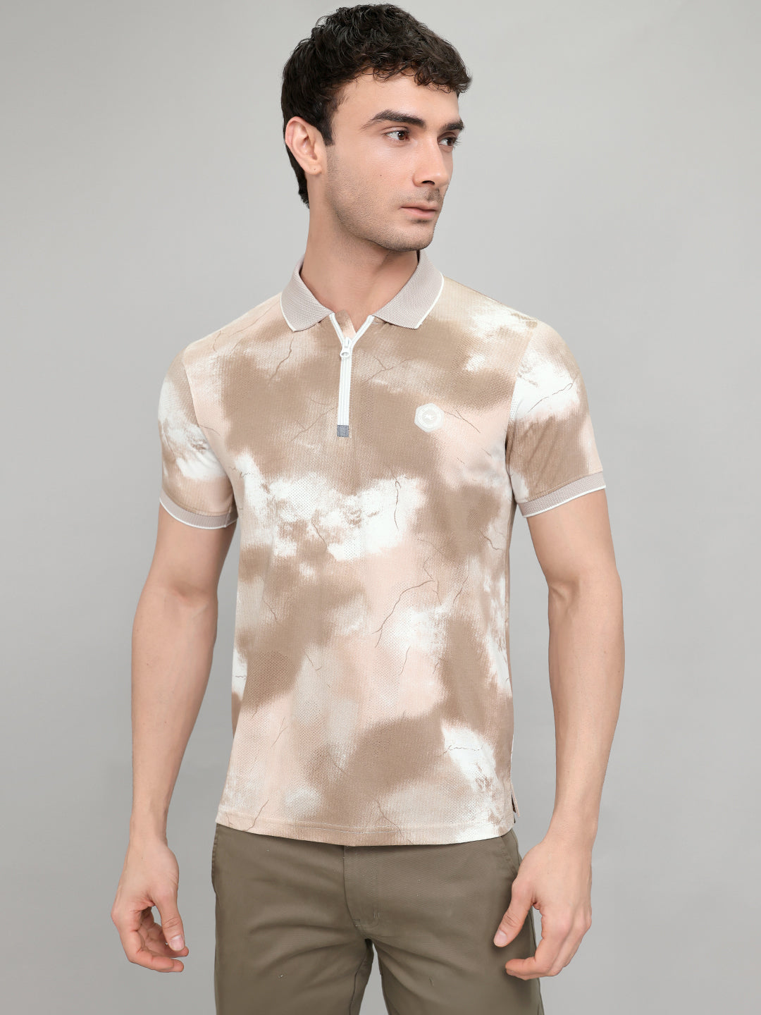 Men Brown Printed Collar Half Sleeve T-Shirt