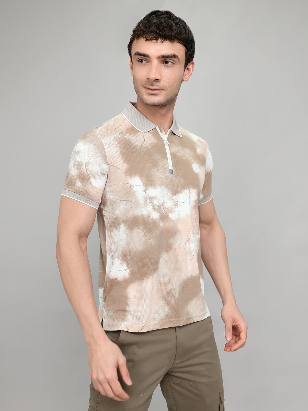 Men Brown Printed Collar Half Sleeve T-Shirt