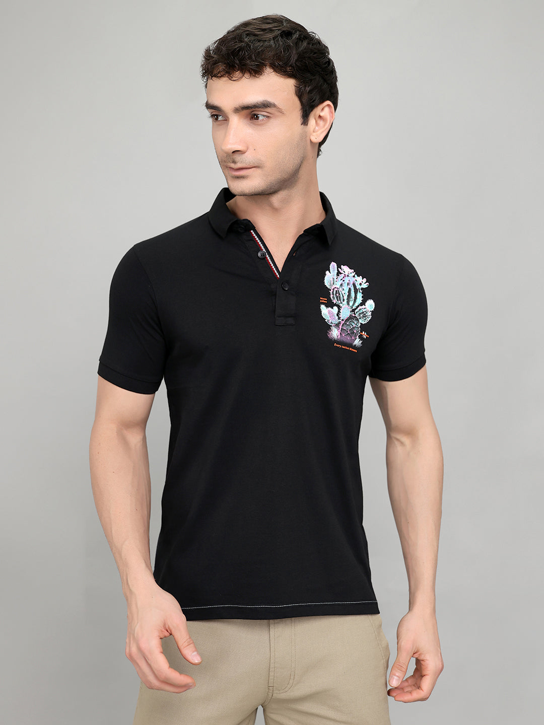 Men Black Printed Collar Half Sleeve T-Shirt
