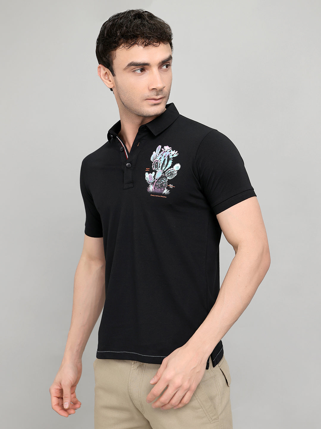 Men Black Printed Collar Half Sleeve T-Shirt