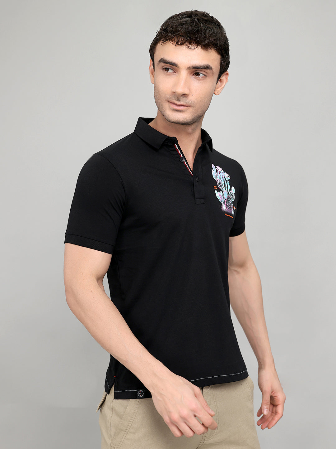 Men Black Printed Collar Half Sleeve T-Shirt