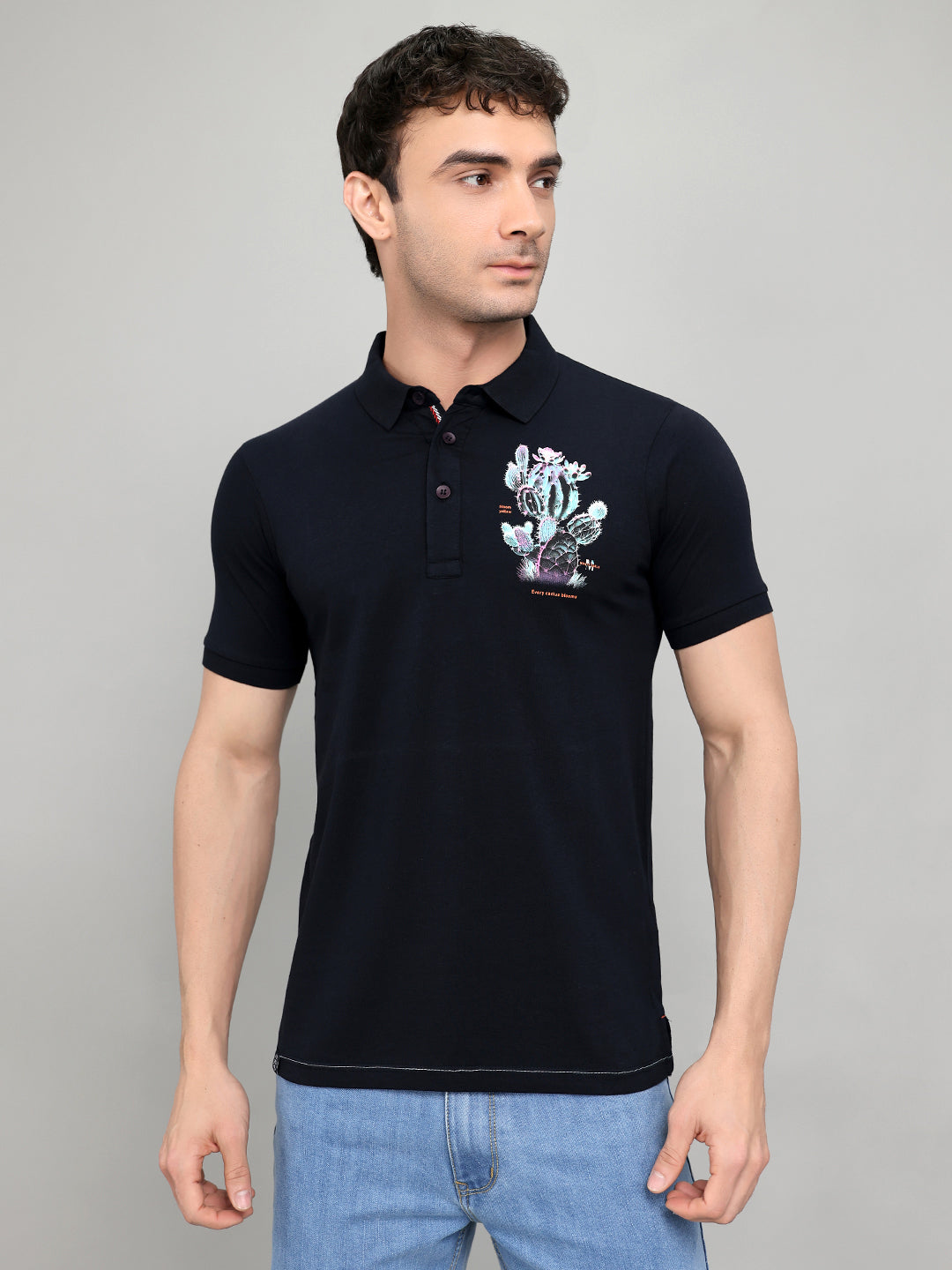 Men Navy Blue Printed Collar Half Sleeve T-Shirt