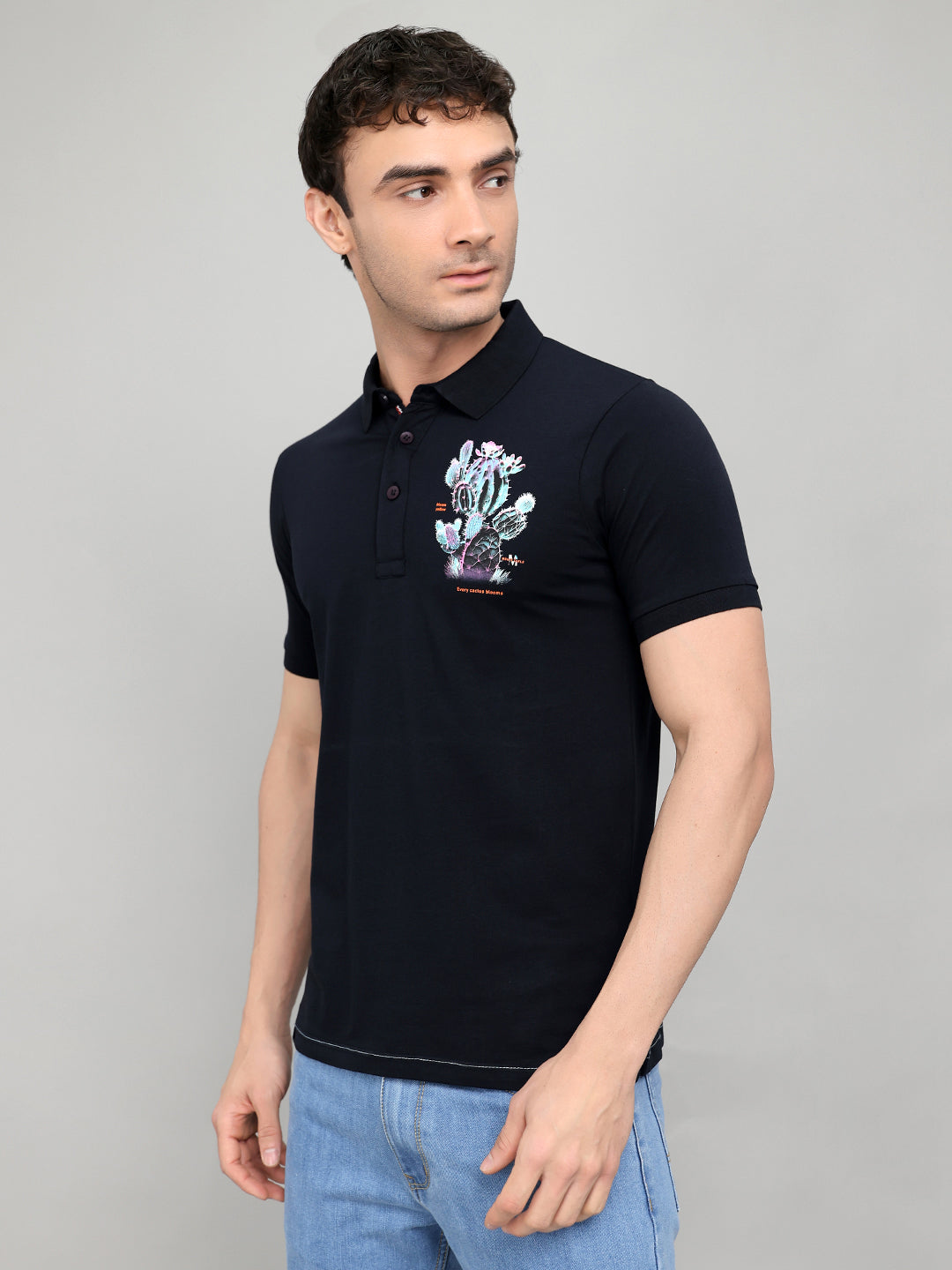 Men Navy Blue Printed Collar Half Sleeve T-Shirt