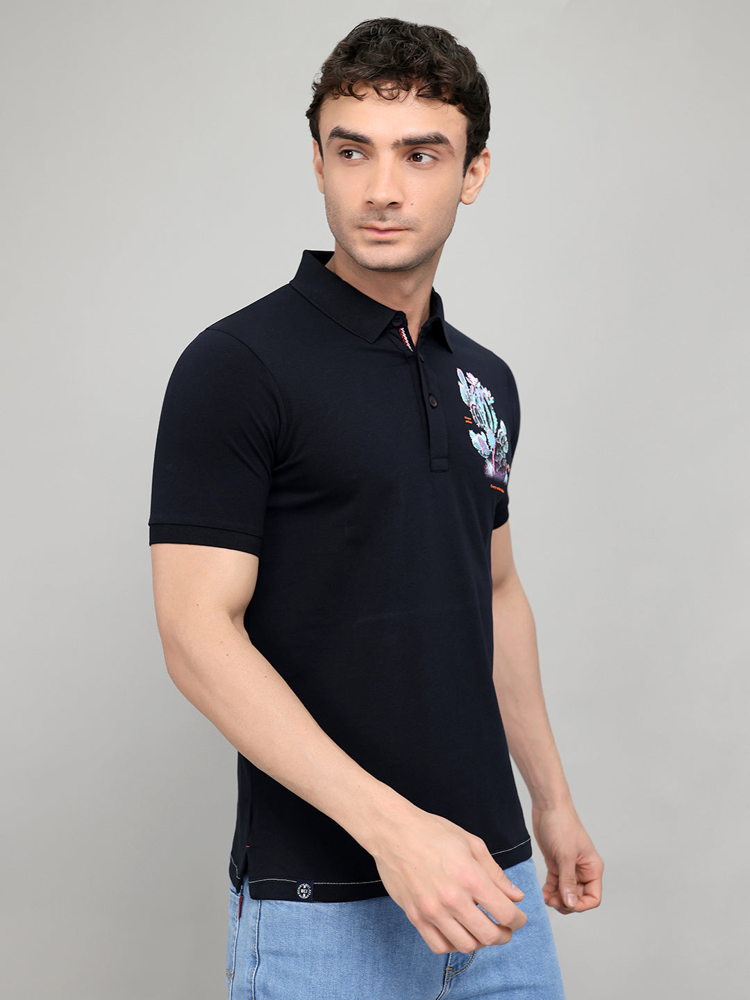 Men Navy Blue Printed Collar Half Sleeve T-Shirt