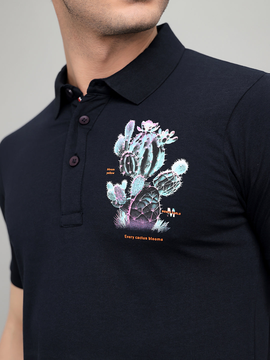 Men Navy Blue Printed Collar Half Sleeve T-Shirt