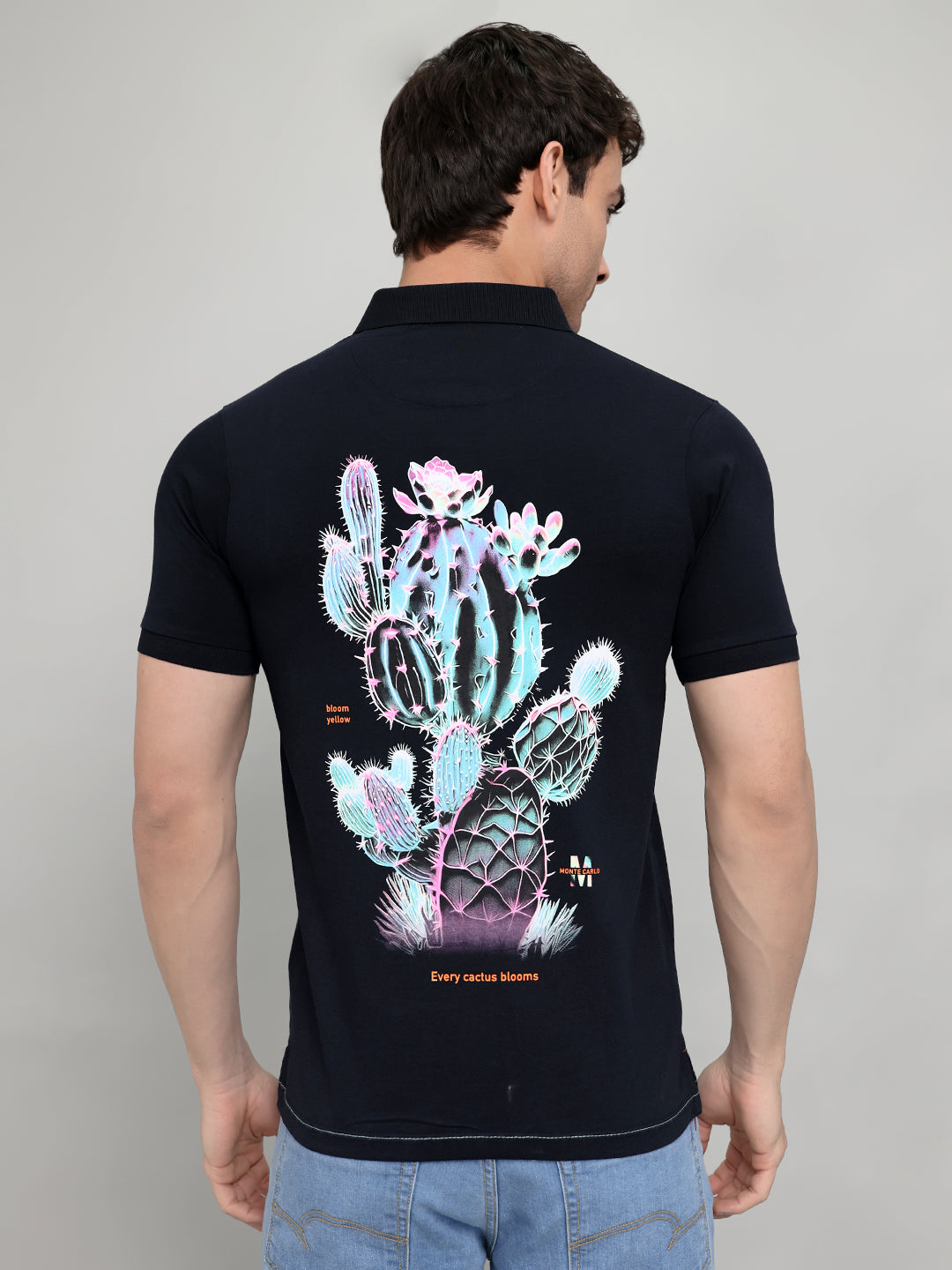 Men Navy Blue Printed Collar Half Sleeve T-Shirt