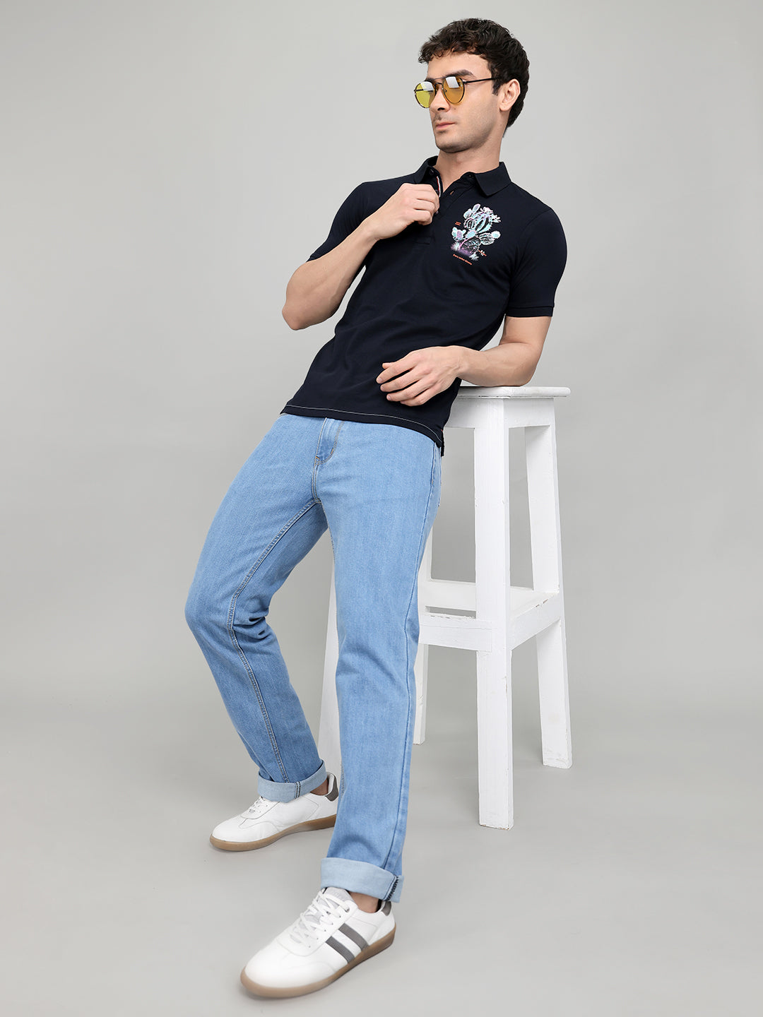 Men Navy Blue Printed Collar Half Sleeve T-Shirt