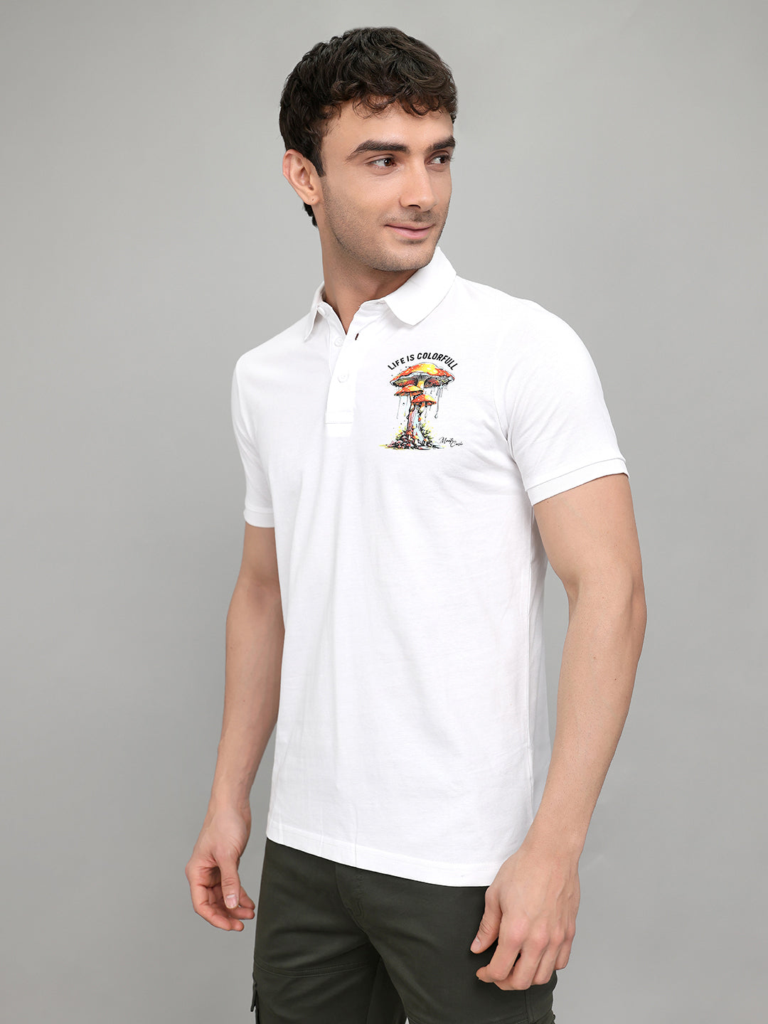 Men White Printed Collar Half Sleeve T-Shirt