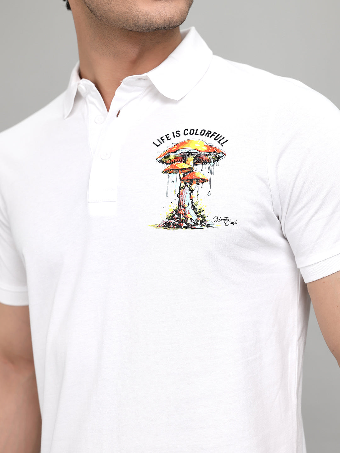 Men White Printed Collar Half Sleeve T-Shirt